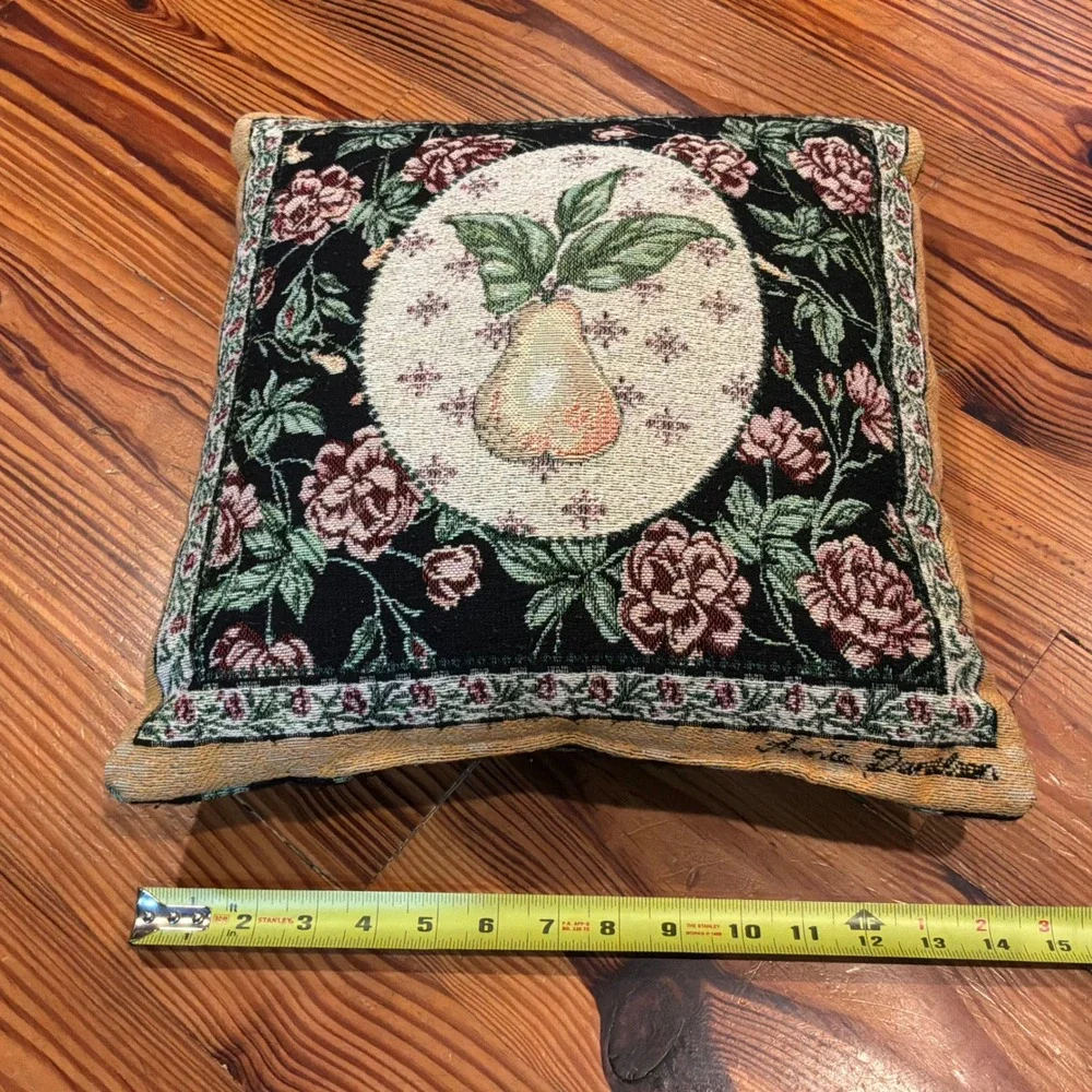 VTG Woven Tapestry Fruit Pear Rose Floral Decorative Pillow 14